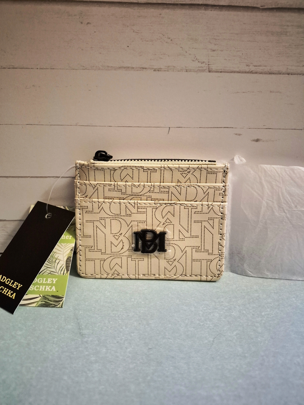 Badgley Mischka Cream Monogram Zip Card Case with Black BM Logo